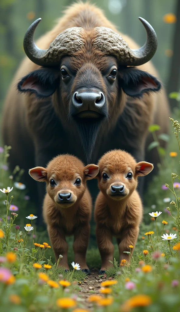 There are two wild buffaloes that have just been born from the head and are lovely, the background is full of grass and many small flowers.