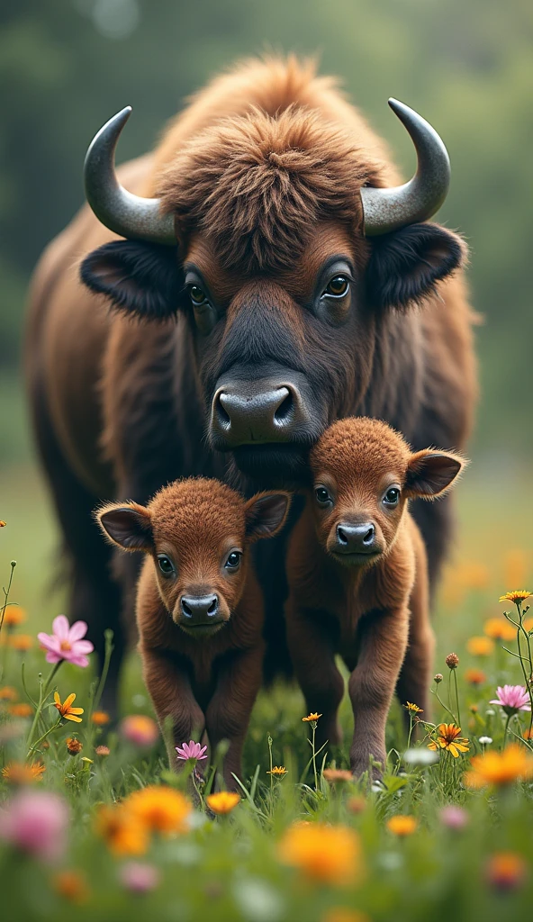 There are two wild buffaloes that have just been born from the head and are lovely, the background is full of grass and many small flowers.