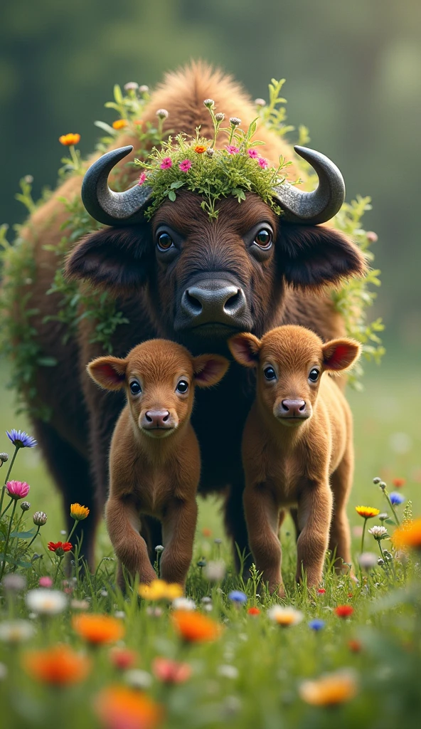 There are two wild buffaloes that have just been born from the head and are lovely, the background is full of grass and many small flowers.