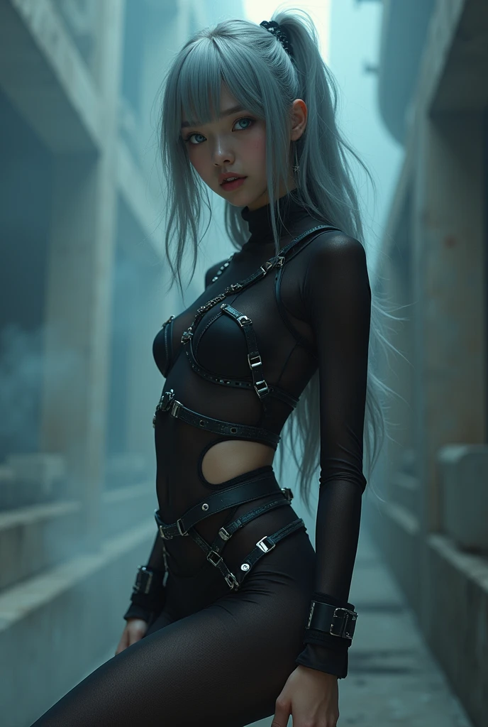(nsfw:1.2), masterpiece, Best Quality, Realistic, A mysterious and sophisticated beautiful young girl, with blue eyes wears futuristic and sexy fashion art. 18-years-old, cute and sexy Japanese girl is climbing at a wide angle, // Her outfit includes see-through BLACK nylon wear with multiple elastic silver harnesses designed, adding a minimalist beauty. abs, Bold exposure, Round butt skin, She accessorizes with futuristic accessories and wears technical sneakers. Her demeanor exudes harmony and striking simplicity, The wear hugs her body tightly, accentuating her curves and digging sensuously into her skin, Breasts in a high position, large breasts, slim waist, abs, large butt, /// standing, winding sexy pose, with her full body in frame. ///, hyper small head and face, wide Duck mouth, half open mouth, perfectly aligned teeth, perfect beautiful wide teeth, light blue eyes, half open eyes, shiny Droopy eyes, gray hair, looking other, She is situated within the interior of a futuristic colony, in the deep night, with mist drifting and steam rising from concrete