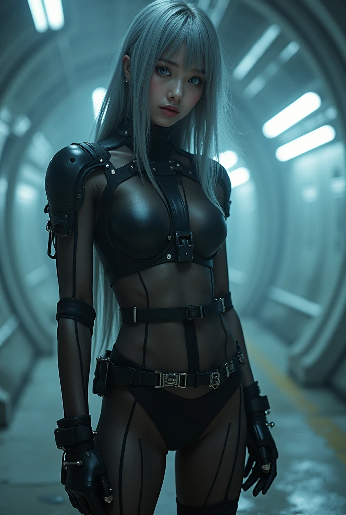 (nsfw:1.2), masterpiece, Best Quality, Realistic, A mysterious and sophisticated beautiful young girl, with blue eyes wears futuristic and sexy fashion art. 18-years-old, cute and sexy Japanese girl is climbing at a wide angle, // Her outfit includes see-through BLACK nylon wear with multiple elastic silver harnesses designed, adding a minimalist beauty. abs, Bold exposure, Round butt skin, She accessorizes with futuristic accessories and wears technical sneakers. Her demeanor exudes harmony and striking simplicity, The wear hugs her body tightly, accentuating her curves and digging sensuously into her skin, Breasts in a high position, large breasts, slim waist, abs, large butt, /// standing, winding sexy pose, with her full body in frame. ///, hyper small head and face, wide Duck mouth, half open mouth, perfectly aligned teeth, perfect beautiful wide teeth, light blue eyes, half open eyes, shiny Droopy eyes, gray hair, looking other, She is situated within the interior of a futuristic colony, in the deep night, with mist drifting and steam rising from concrete
