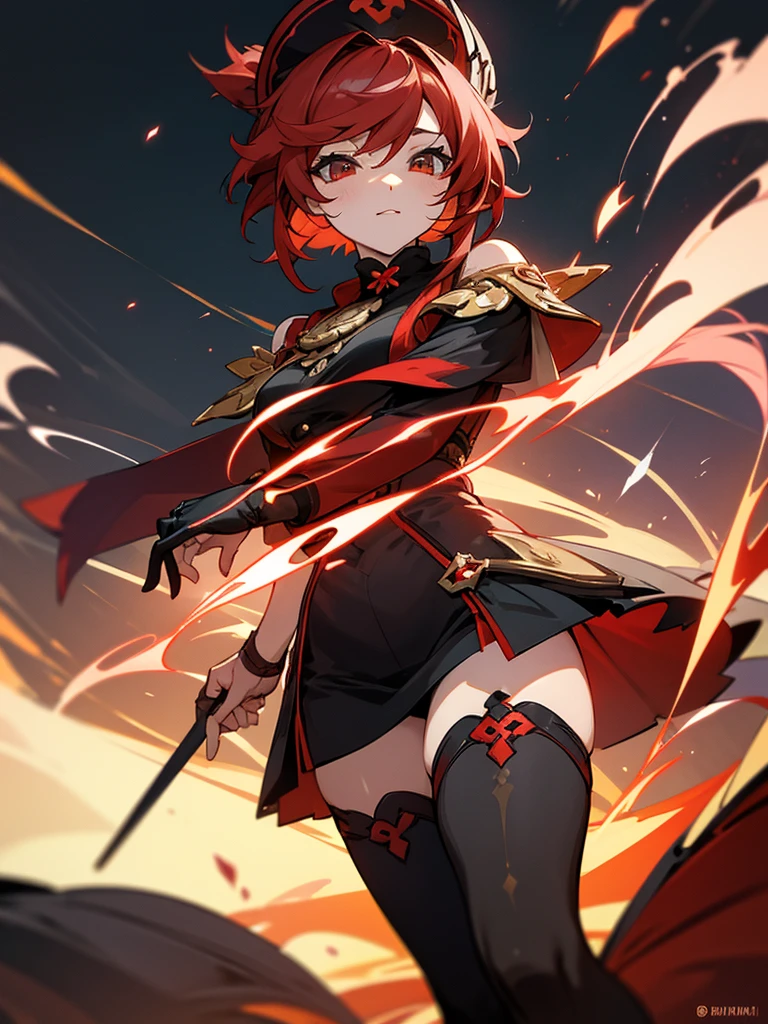Imagine a genshin impact character of fire, a busty, thigh-high woman with black and red hair