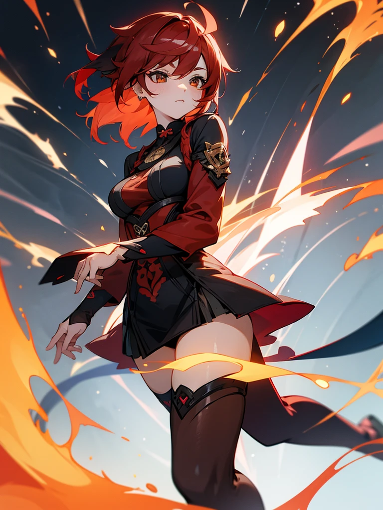 Imagine a genshin impact character of fire, a busty, thigh-high woman with black and red hair