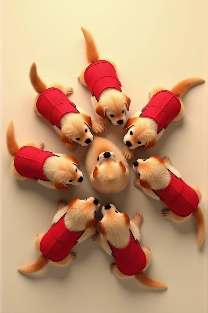 7 GOLDEN RETRIEVERS IN RED OVERALLS VIEWED FROM ABOVE