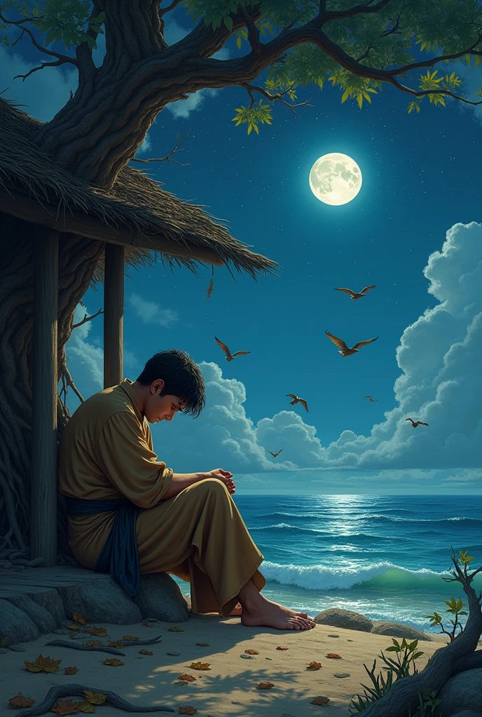 A cleric wearing a brown shirt but without a peci sits leaning against a tree near a wooden hut with dry branches, fallen leaves near the ocean, the night is bright with a moon and stars and flying butung birds.
