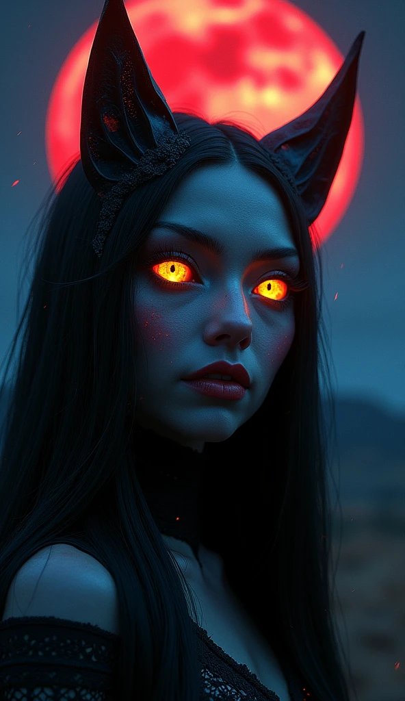 Full Body View of an exotic beautiful drow woman wearing a leather top ,nighttime, perfect detailed face, ((broad smile)), warm breeze,((red skin)), (dark red skin), big detailed symmetric yellow catlike eyes, (((black long hair))), hair partly falling in her face, reflections of a red and a blue moon shining in her face, full lipsrealistic, stunning realistic photograph, 3d render, octane render, intricately detailed, cinematic, trending on artstation, Isometric, Centered hypereallistic full body photo, awesome full color, hand drawn, dark, gritty, mucha, klimt, erte 12k, high definition, cinematic, behance contest winner, portrait featured on unsplash, stylized digital art, some stars can bee seen in the nightsky, smooth, ultra high definition, 8k, unreal engine 5, ultra sharp focus, intricate artwork masterpiece, ominous, epic, highly detailed, vibrant