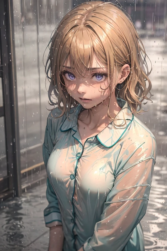 ((Teal coloured pyjama shirt)), 1girl, raining heavily, outside, short caramel-blonde hair sticking to her face, depressed purple eyes, teal coloured pyjama shirt, nighttime, very dark, soaking wet, wet through, wet clothes, almost naked, small breasts, outside at nighttime, in the streets, dark background, dark, very dark night, realistic colour, 