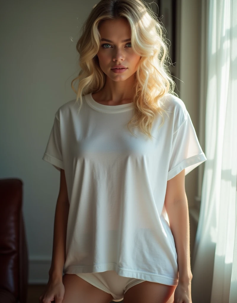 "A detailed image of a young woman with light blonde wavy hair, standing at home, dressed casually in a very loose long white t-shirt that looks like a dress. Blue eyes and a challenging look. He is short in stature, with a curvy figure that includes prominent buttocks and medium, round breasts. She is standing next to a window with natural light that gently highlights her figure.."