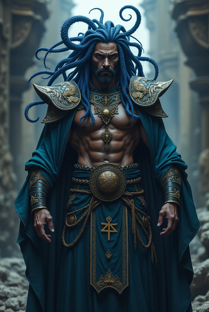 League of legends estilo, dark blue dreadlocks in the shape of tentacles, ancient warrior clothes, emperor&#39;s clothes, masculine