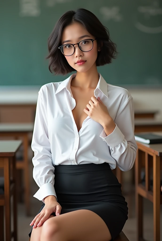 Thai female teacher , short hair ,Wear glasses, White shirt, black skirt , Short skirt , See the underwear, big breasts ,Unbutton the shirt, leaving the chest exposed , The background is a classroom. ,Show breast meat , Chest cup H , Sitting with legs spread apart on a table ,seductive pose, One hand holds the chest ,tan skin ,Short curly hair ,Tilt 45 degrees