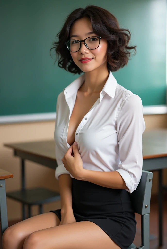 Thai female teacher , short hair ,Wear glasses, White shirt, black skirt , Short skirt , See the underwear, big breasts ,Unbutton the shirt, leaving the chest exposed  , The background is a classroom. ,Show breast meat , Chest cup H , Sitting with legs spread apart on a table ,seductive pose, One hand holds the chest ,tan skin ,Short curly hair ,Tilt 45 degrees