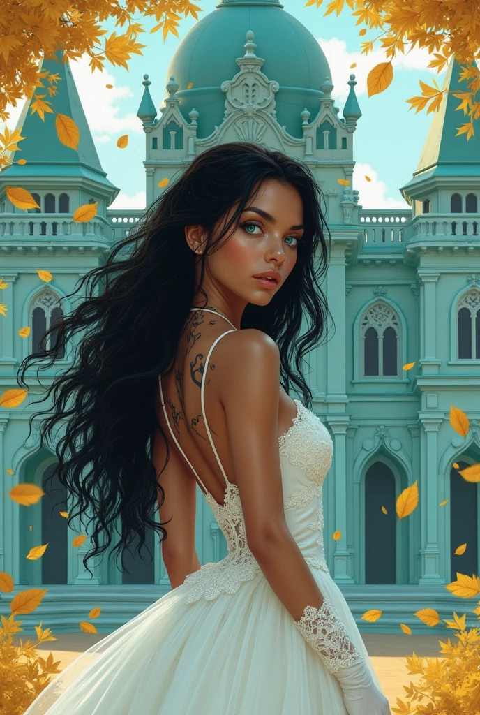 Caramel skin princess, with long black hair and light blue eyes. Her back has black veins popping out on her back, she wears a wedding dress and white silk gloves. She has a scared expression. In the background is a turquoise palace and golden leaves fall from the sky.. Realistic illustration like fairy tales by the Green brothers
