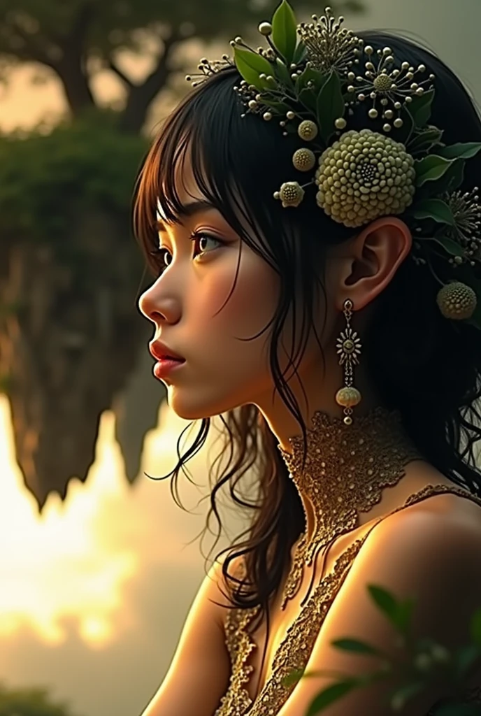 masterpiece, best quality, 1girl, symbol-shaped pupils, beautiful detailed eyes, beautiful detailed lips, extremely detailed face and features, longeyelashes, elegant dress, graceful pose, serene expression, ethereal aura, glowing skin, dramatic lighting, fantasy landscape, lush greenery, floating rocks, vibrant colors, cinematic composition