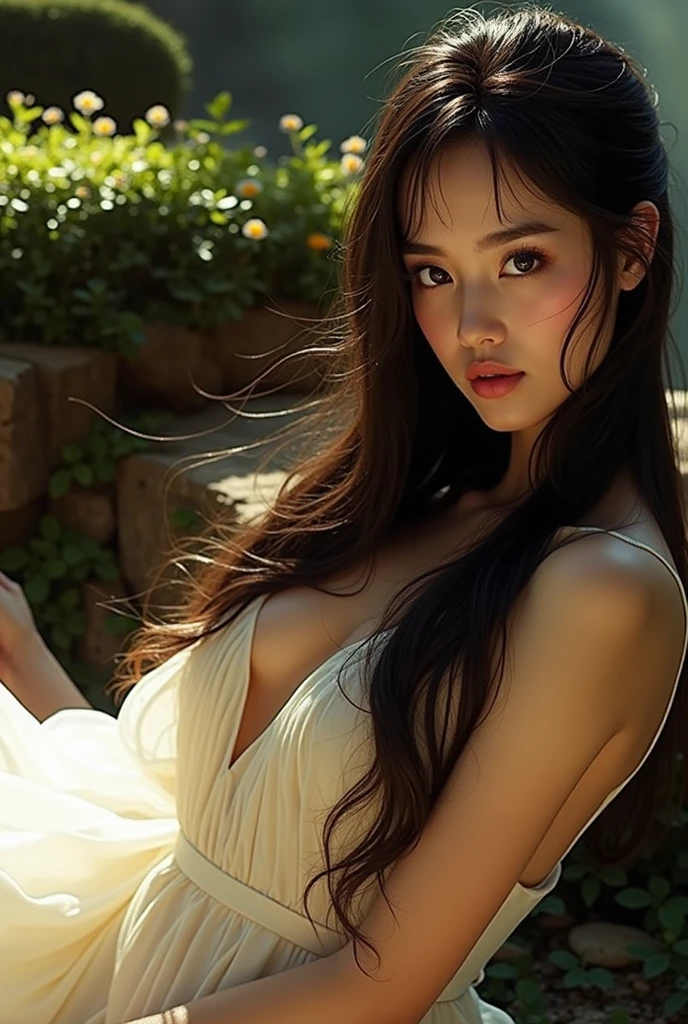 masterpiece, best quality, 1girl, symbol-shaped pupils, beautiful detailed eyes, beautiful detailed lips, extremely detailed face and features, longeyelashes, elegant dress, graceful pose, serene expression, ethereal aura, glowing skin, dramatic lighting, fantasy landscape, lush greenery, floating rocks, vibrant colors, cinematic composition