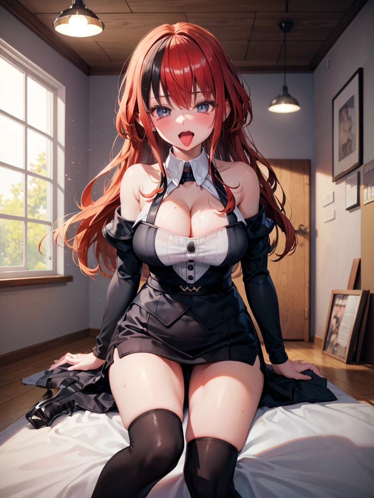 ((Highest quality)), ((masterpiece)), (detailed), One person,Age 25,(Black knit sweater),(mini skirt),Shoulder Bare,Big Breasts,blush,Underbust,(Her cleavage is visible),(Excited expression),(Seduce),night,indoor,Dim lighting,(In a dimly lit room),(In a messy room),Browsing Caution,sexy,Dirty room,Sweat,(Black knee-high socks),(Moving my tongue up and down)