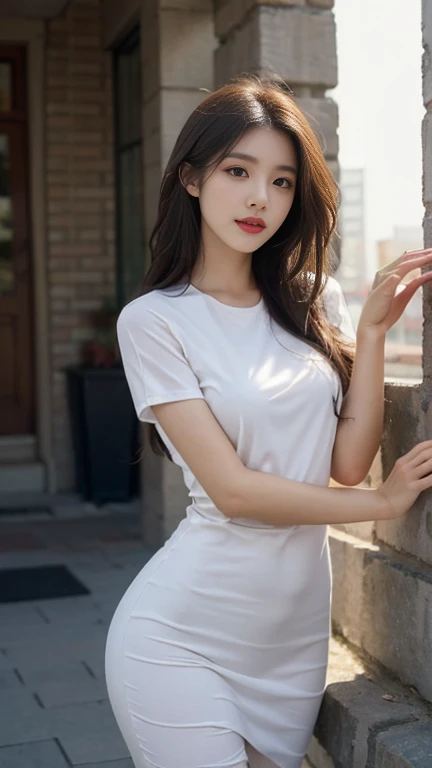 1 Girl,Leaning against the wall,Soft Light,Chinese Beauty,Tight Fit,dress,Long hair