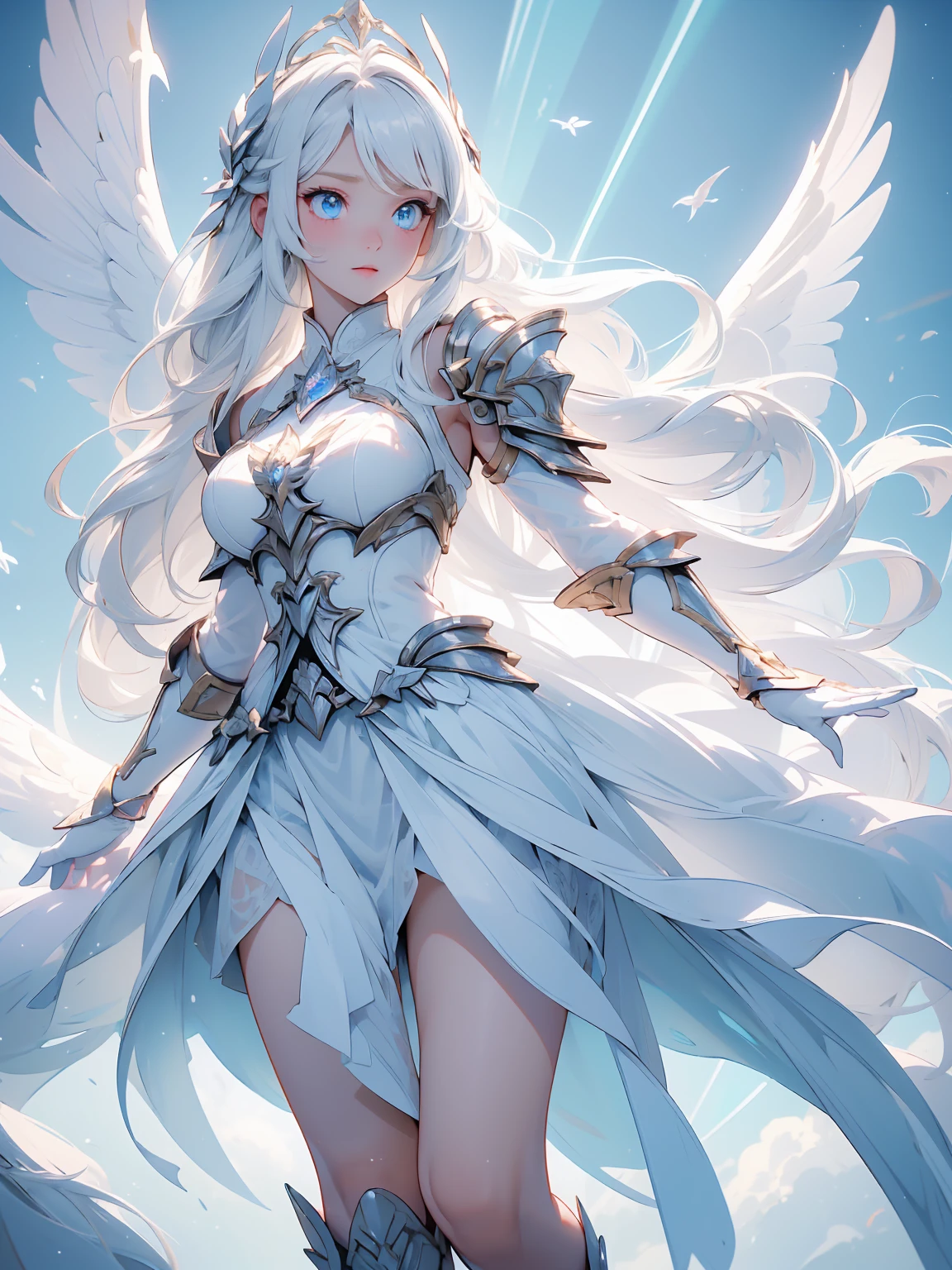(((masterpiece, best quality, 8k))), celestial female warrior, (full-body), radiant white dragon armor, adorned with glowing angelic symbols, ethereal white light emanating from her, long flowing platinum hair, delicate strands catching the divine light, serene and confident expression, piercing ice-blue eyes, walking through a heavenly realm of floating islands, bathed in a soft golden glow, dragons with luminescent wings soaring in the dawn sky, light beams and clouds swirling around, (celestial lighting, soft white radiance)