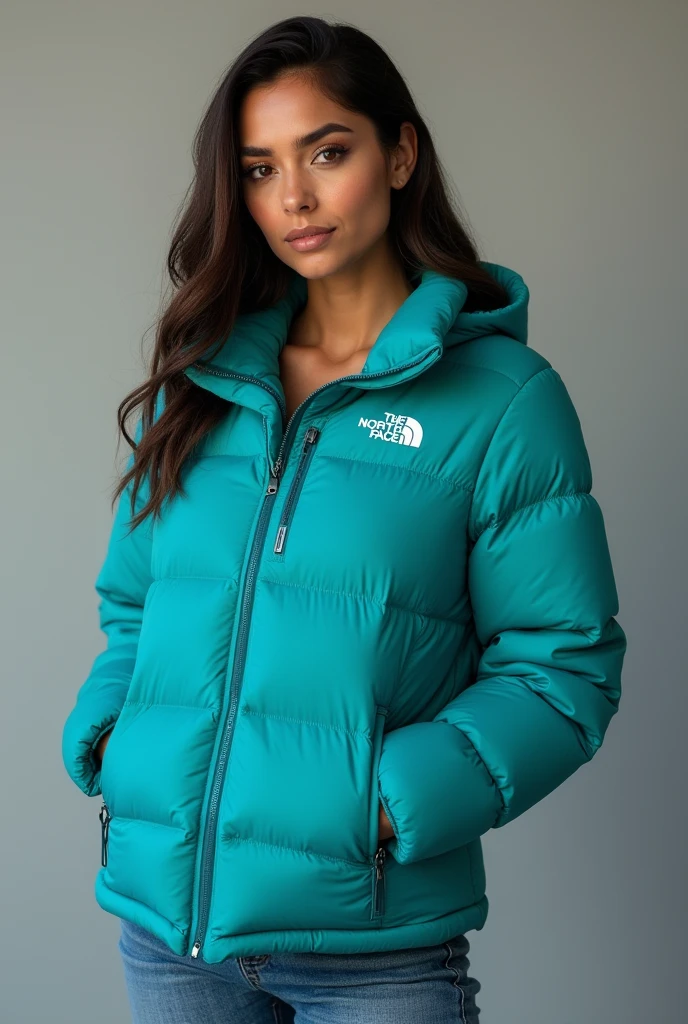 beautiful latin woman, standing straight facing forward,with a cold weather jacket, north face closed, turquoise color, denim jeans pants, on a greyish background. Medium camera shot.