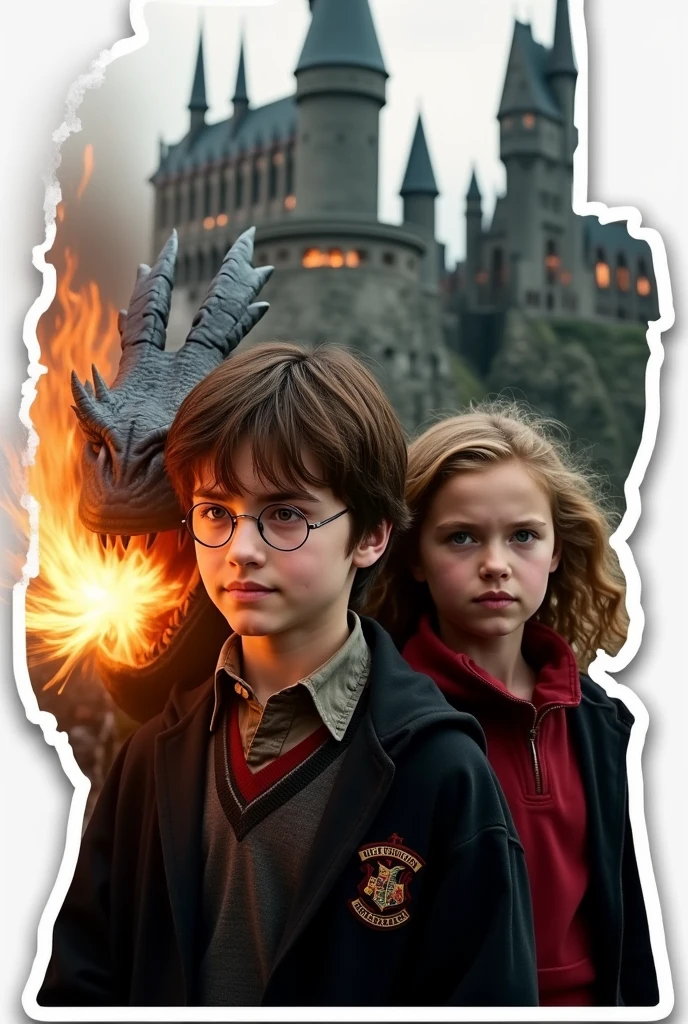 Create a sticker with white borders of a scene from the Harry Potter movie where 2 characters and a dragon appear, younger boy and older girl. In the background a dragon breathing fire at Hogwarts castle in high resolution with a blurred background, cinema image and hyper-realism with an emphasis on the dragon's eyes