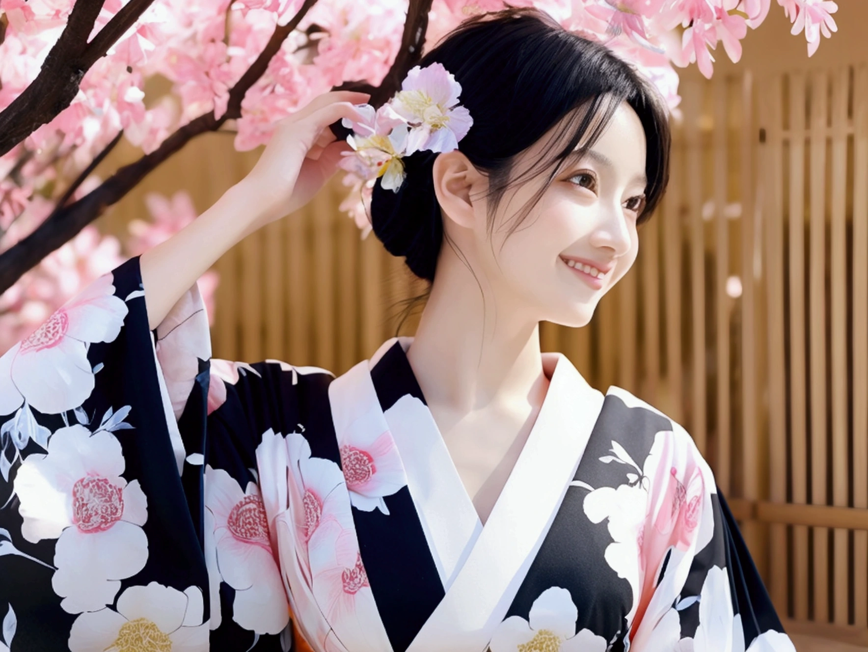 Realistic photos, Beautiful Eyes, A refreshing smile, Flowing black hair, Elegant kimono, Summer background, Light clothing, Calm expression, Soft lighting, Traditional Japanese art style, Vibrant colors, Peaceful atmosphere, Delicate features, Graceful posture