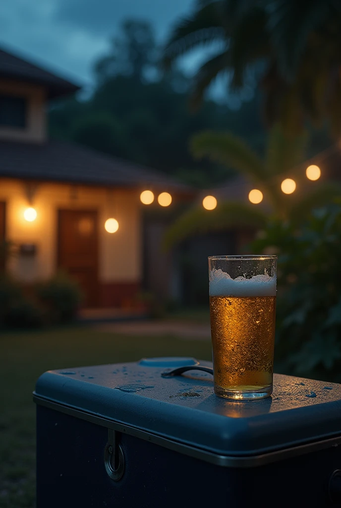 amateur image, half-light, night ambience, brazilian house, electric beer cooler, with a glass of beer on top