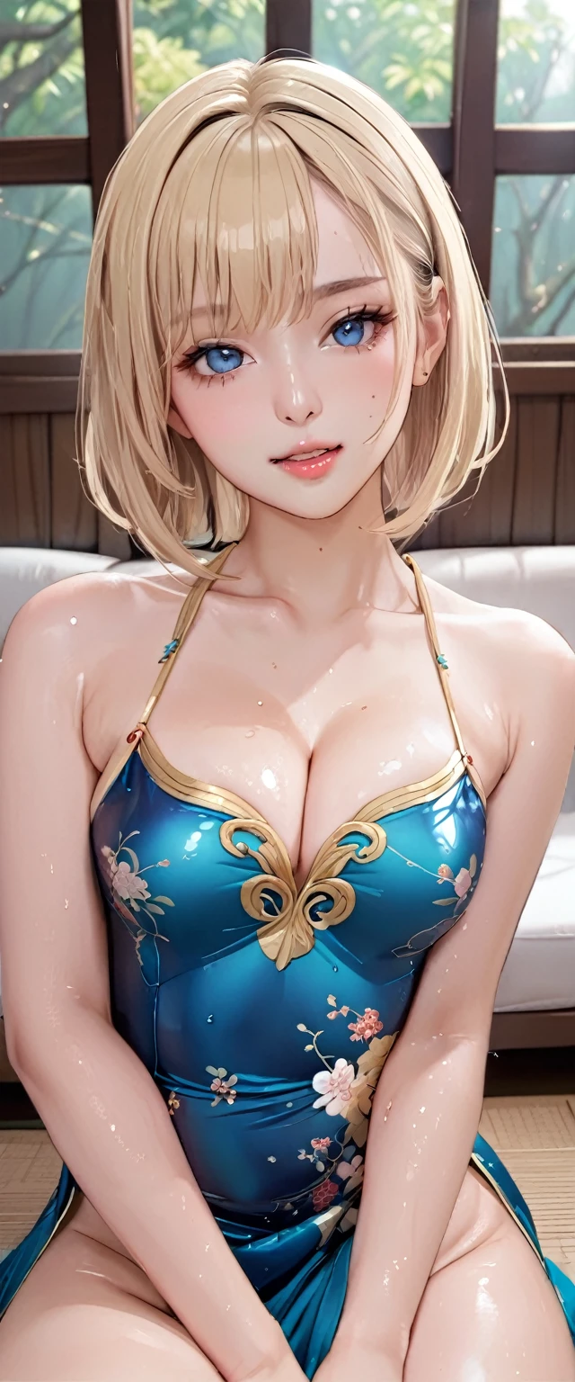(masterpiece,highest quality,超A high resolution),Japanese women, (((Very beautiful 1 girl))), pretty girl、Look at the photographer、 ((Beautiful blonde bob hair)), Very cute face, Glossy Lips, Double eyelids on both eyes, blue eyes, Natural smile、 Natural Makeup, Long eyelashes, Shiny and smooth hair、Center image, Perfect limbs, Perfect Anatomy,(((Shiny Chinese Dress))),Wet with sweat,cowboy shot,