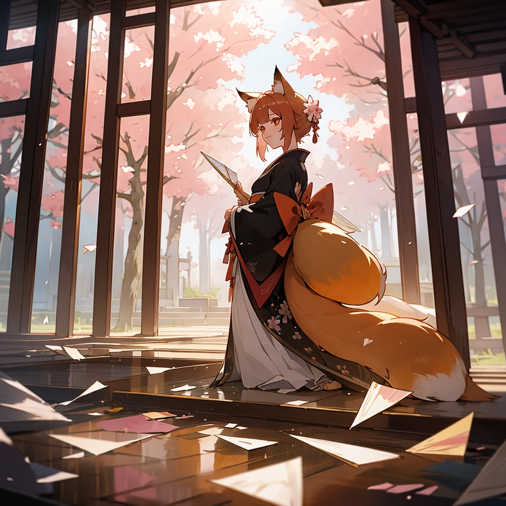 kimono, fox ears, multiple tails, sun high on background, sakura trees valley, from inside a temple, glass shards floating