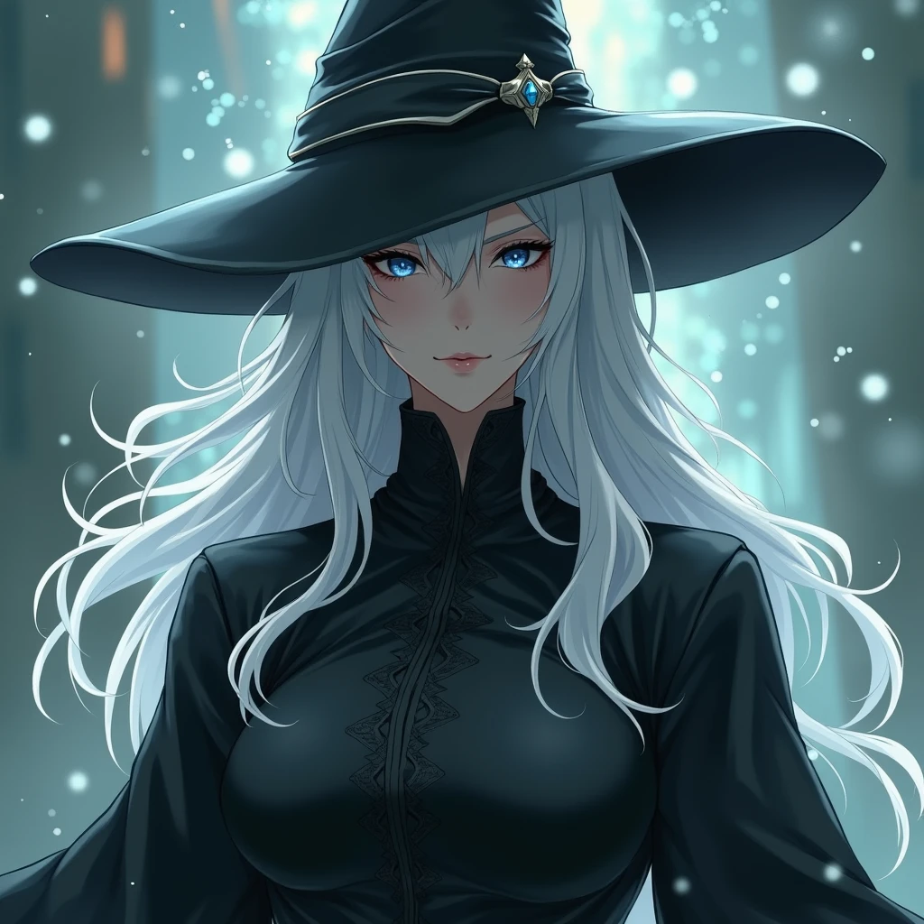 a white-haired witch, with black hat, with the power of vitality and with a black dress, empowered woman, VERY little anime, with the face close 