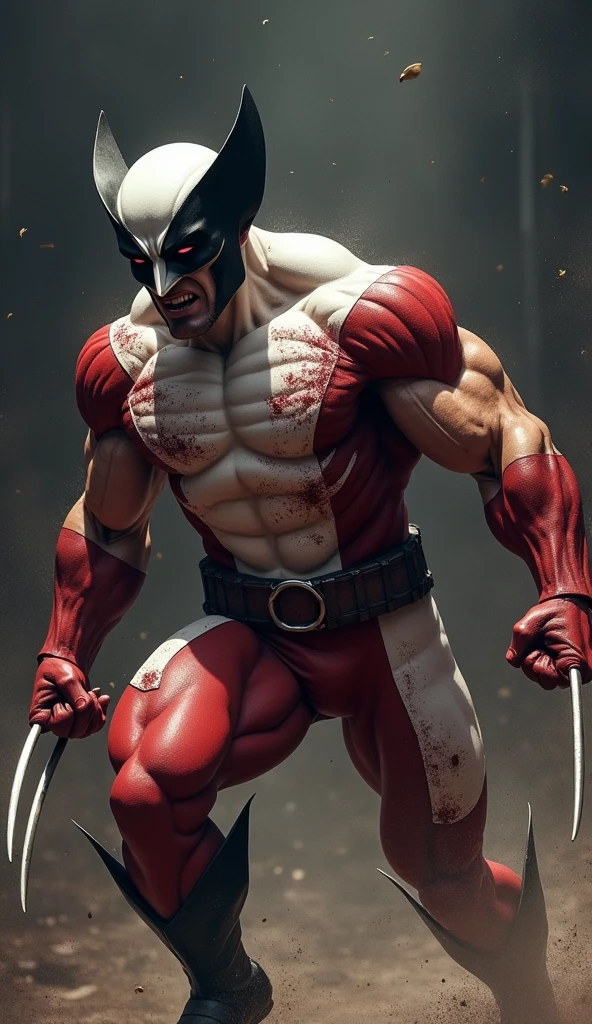 Wolverine in white and red uniform, with blood stains on his body in combat position or jumping or running. Picture farthest from the camera with as much detail and high definition as possible, HD, Realistic. Black color shaded screen background with white.