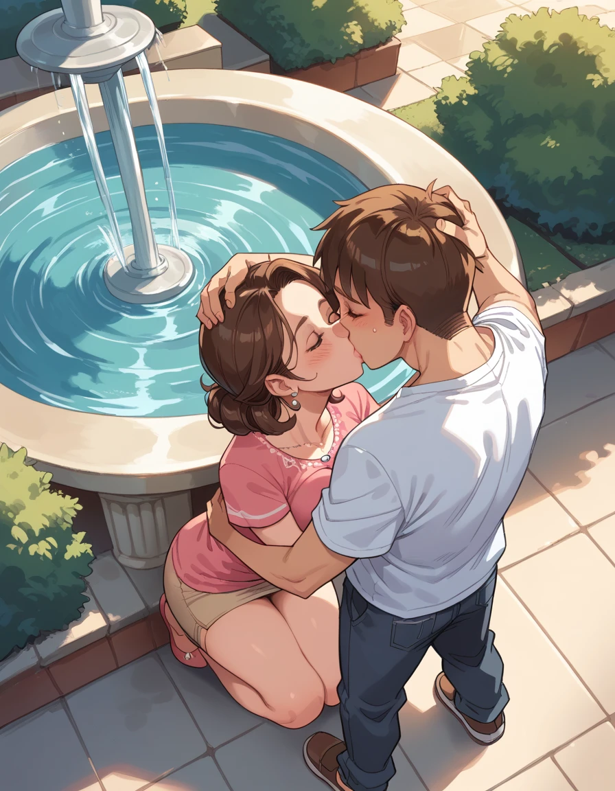 score_9, score_8_above, score_7_above, fountain_cheered up, 1 chico, 1 girl, mature woman, mother and son, , hug, kiss, hand on head, down on my knees,