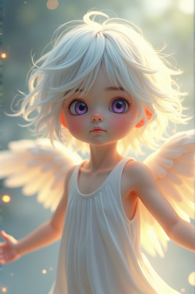 A 1 boy with long white hair, violet eyes in angel pose