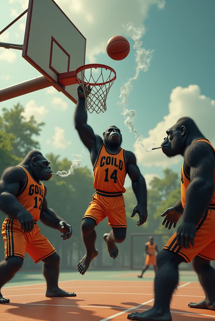 I would like one of some gorillas that are basketball players. I would like them to be seen scoring baskets but I would like them to be seen smoking marijuana please.