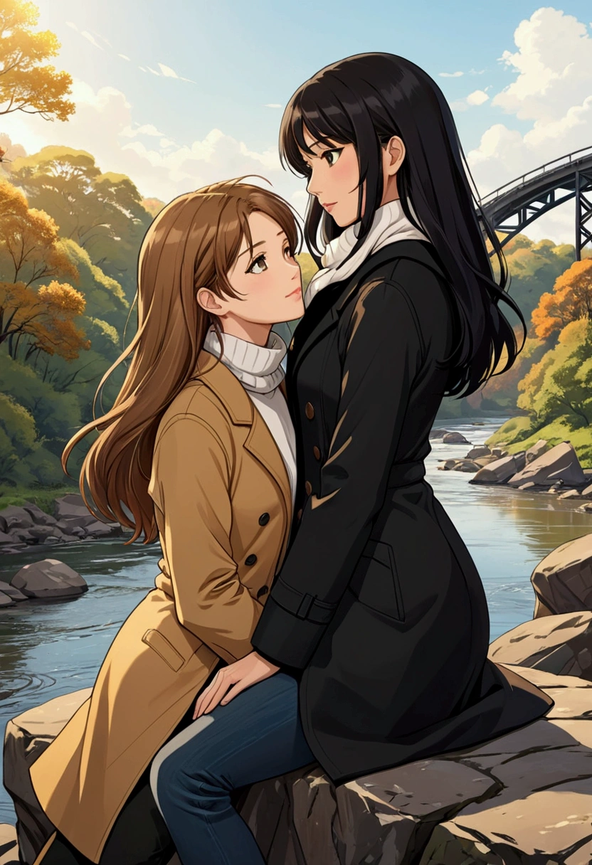 Create an idyllic image of two women in love in anime style, one is a beautiful British woman with semi-short light brown hair who is dressed in a white turtleneck, a black overcoat and black jeans and next to her hand is a beautiful Asian woman with long black hair, who is dressed in a black turtleneck, a white overcoat and black jeans, wearing an ochre-colored scarf around her neck. Both are sitting, face to face, looking into each other's eyes with much love, on a rock on the banks of a river that is crossed in the distance by a metal bridge.