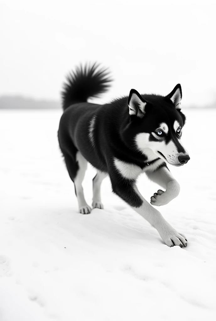 Black and white husky dog running sideways