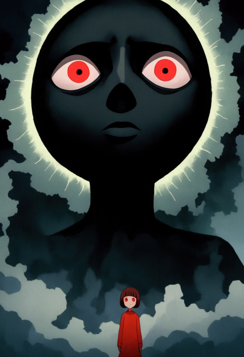 painting of a person standing in front of a red eye, yume nikki, animated film still, still from animated horror movie, inspired by Junji Ito, animation film still, one eye red, red-eyes, visible pupils, inspired by Gertrude Abercrombie, junji ito artwork, eerie and grim art style, red eyes wide open, animation still