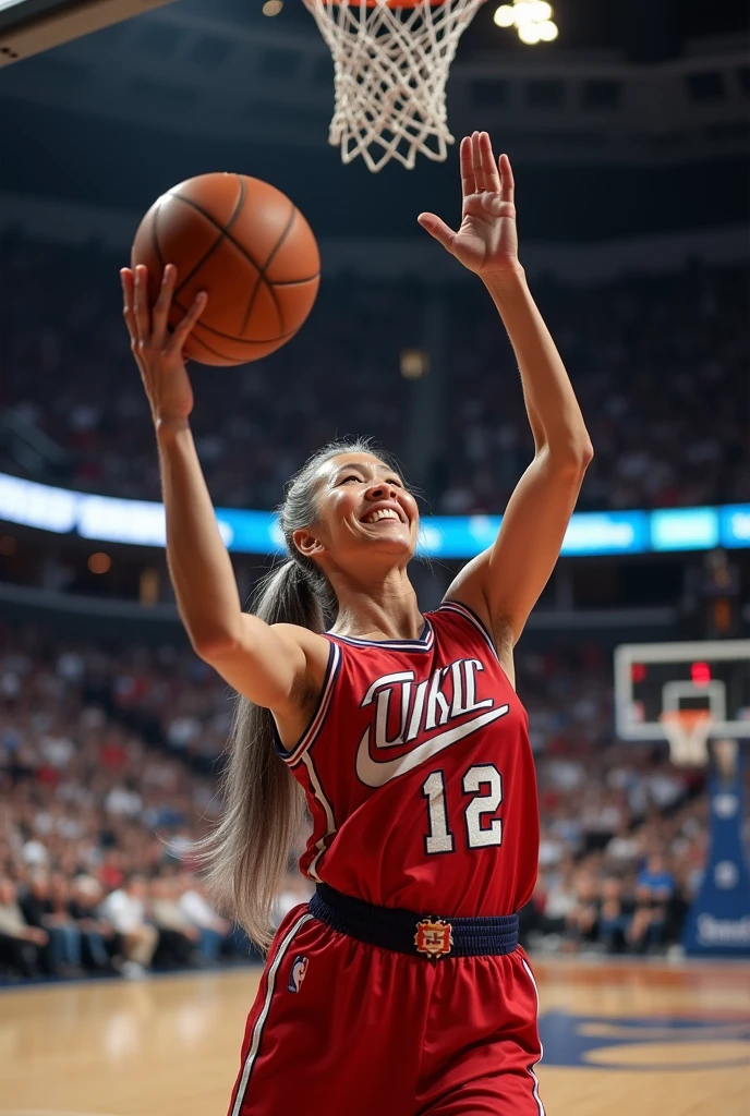 A beautiful sexy youthful looking white Asian women as a 50 years old woman with very long hair completely gray hair in a 90s ponytail as a retired NBA player wearing her old NBA jersey shooting the ball in the basket in a nba stadium she is smiling for the camera
