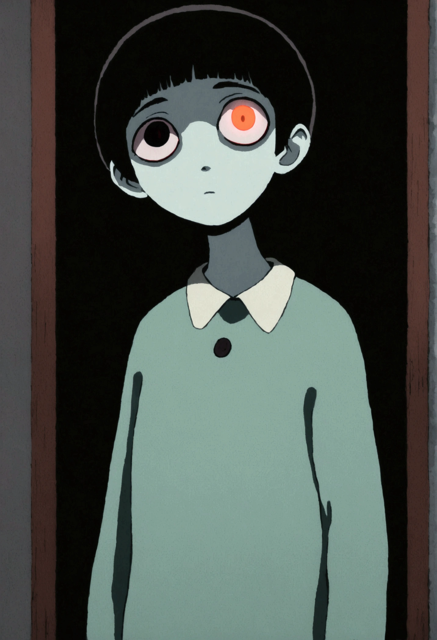 painting of a person standing in front of a red eye, yume nikki, animated film still, still from animated horror movie, inspired by Junji Ito, animation film still, one eye red, red-eyes, visible pupils, inspired by Gertrude Abercrombie, junji ito artwork, eerie and grim art style, red eyes wide open, animation still