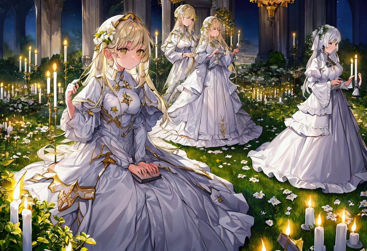 a green garden with lots of candles, with a starry sky. people in white clothes stand around the candle with their hands up, as if praying. sky., Dry brush, Bleeding colors, Wet on dry, digital art, by Marshall Arisman, cover illustration, 70mm, 7 0 mm, 70 mm, book cover illustration, by Brigette Barrager, album cover, novel cover art for a book, art concept for a book cover, cover art, 7 feet tall