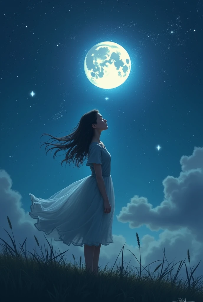 Make me a girl admiring the beauty of the stars and the moon, do your best 