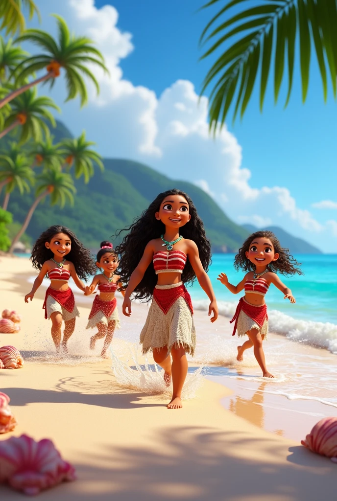 Disney moana playing with her friends on the beach