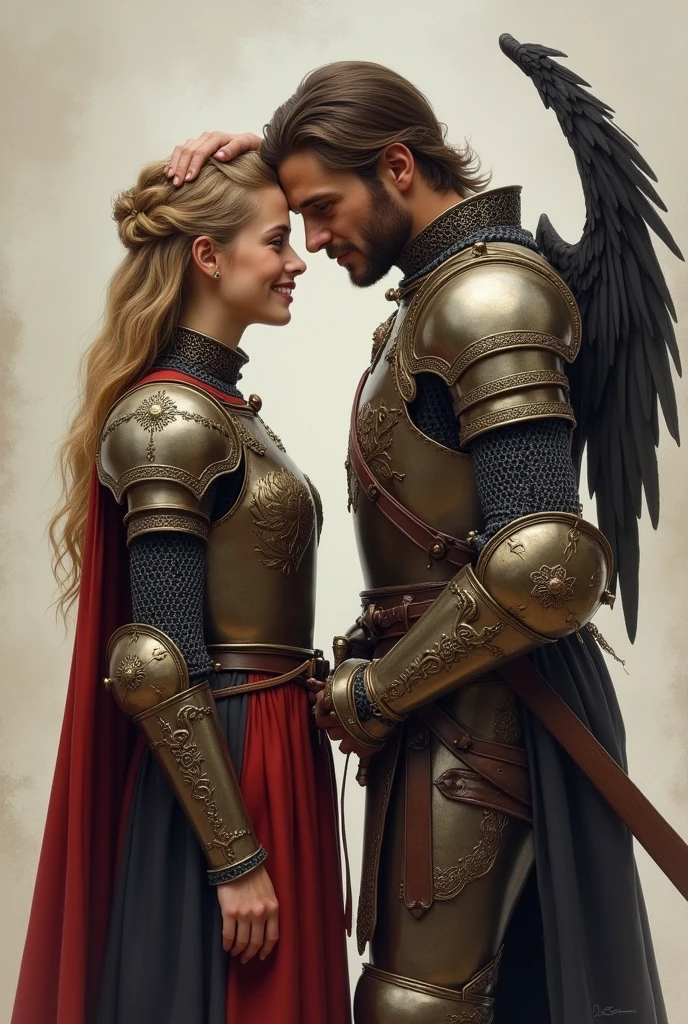 A medieval woman stands next to her sergeant, who, being taller, He rests his arm on her head in a playful gesture. They both wear the characteristic armour of the Polish winged hussars and smile., showing complicity. The image captures the two characters facing each other., revealing their full figures and the camaraderie they share.