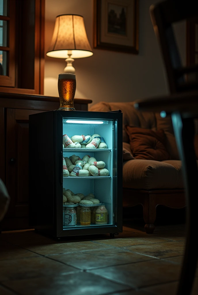 amateur image, half-light, indoor and night environment, brazilian house, electric beer cooler, with a glass of beer on top