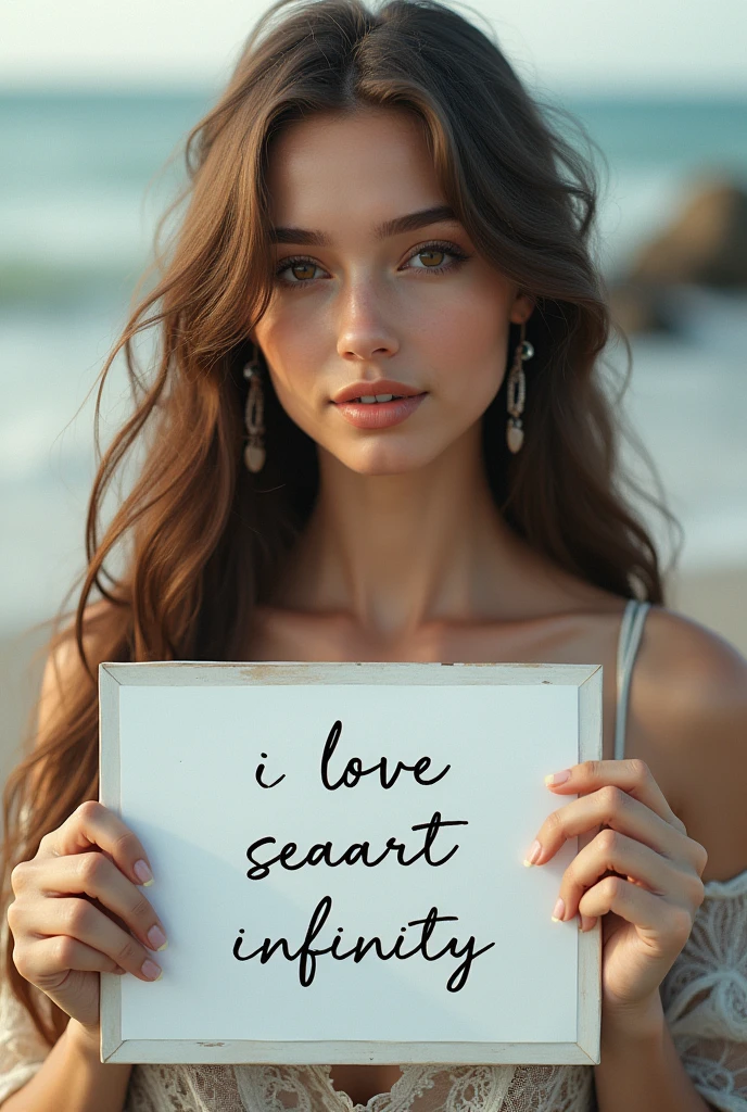 Beautiful girl with wavy long hair, bohemian dress, holding a white board with text "I Love Seaart Infinity" and showing it to the viewer