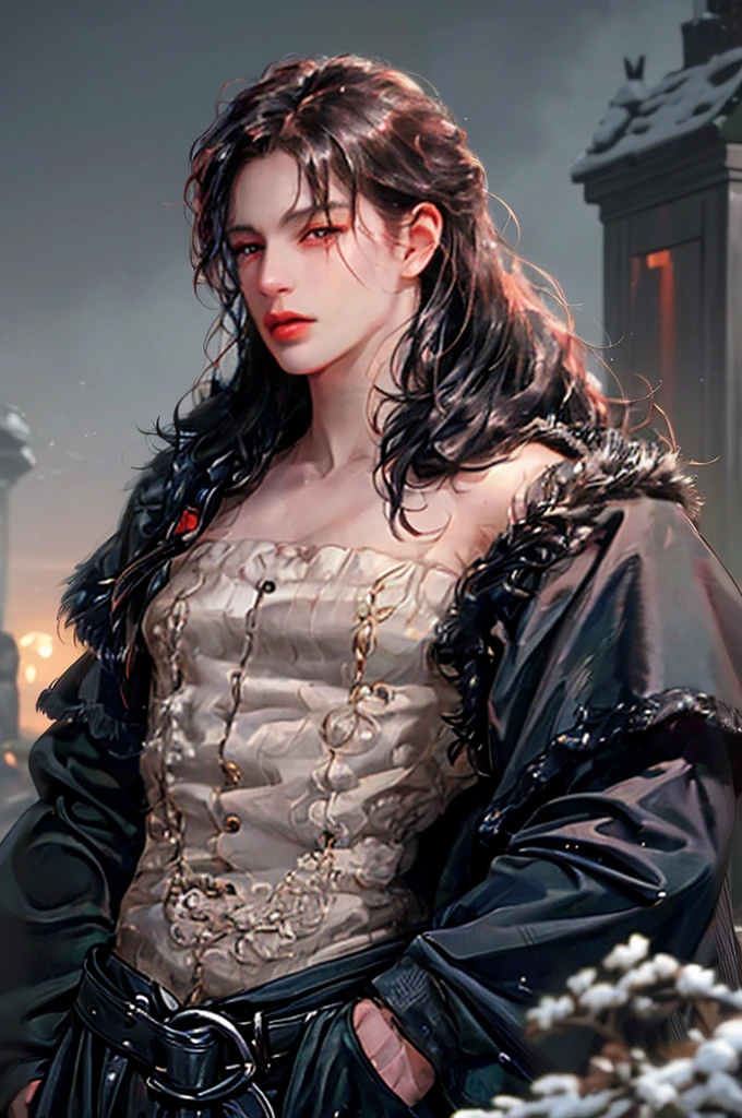 masterpiece, Best Quality, Realistic 8K, A mature male, 3, extremely detailed face, ((dark red eyes)), ((Hair with soft waves over her forehead, ears and nape, Parts 3.:7 ratio)), (( black fur)), muscular abs ((half naked, black medieval shirt open at the chest)), Extremely delicate and severe face. ((Cold look)), ((sharp eyes)), cinematic lighting, Modern age, (Full portrait), hot spring background. muscle in moonlight, big body, strong. MALE MAN. marked jaw