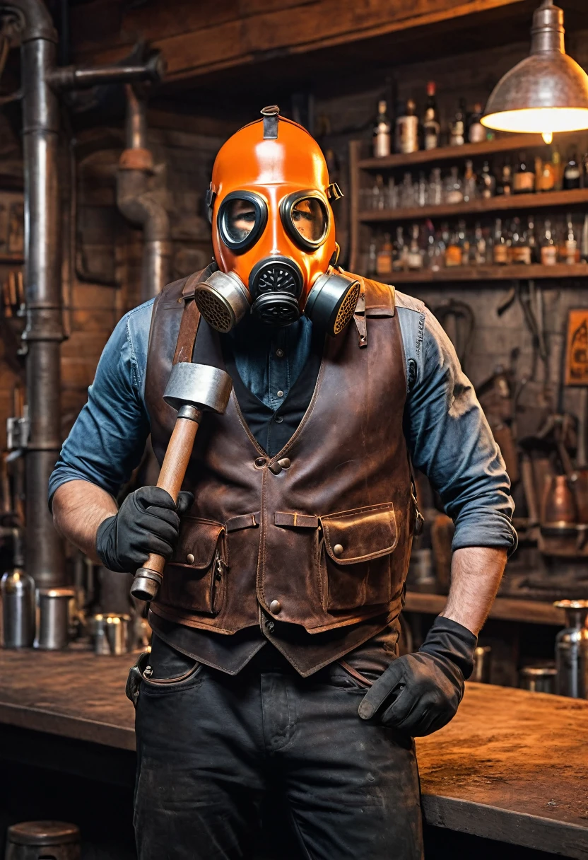 create a character with a gas mask (orange gas mask) covering his face, and a bartender's outfit (leather vest) on the rest of his body, holding a hammer (blacksmith style), with an anvil in the background