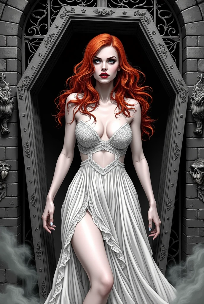 Monochrome manga art style, Mary Jane Watson, elegantly transformed into a gothic bride of Dracula, starkly white lace gown detailed with intricate patterns, flowing dramatically as she emerges from an ornately carved, dark wooden coffin, fierce red hair cascading around her shoulders, glowing like embers in a shadowy realm, elongated vampire fangs glistening, piercing black eyes glowing with an enchanting allure, dimly lit atmosphere accentuating her ethereal beauty, surrounded by swirling mist and ghostly shadows, posed dramatically with one hand reaching out as if beckoning, elaborate coffin adorned with gothic motifs and decorative skulls, dark brick backdrop featuring twisted wrought iron gates and ivy-clad stone walls, composition harmoniously balanced with emphasis on vertical lines, enhancing her statuesque form, mood oscillating between tive and eerie, embracing the duality of her character, illustrated in the classic manga style, bold black ink lines defining her features, intricate hatching and cross-hatching techniques to convey depth and texture, soft gradients creating a sense of atmosphere and movement, monochrome palette providing high contrast, capturing the gothic essence, enchanting but foreboding arrangement