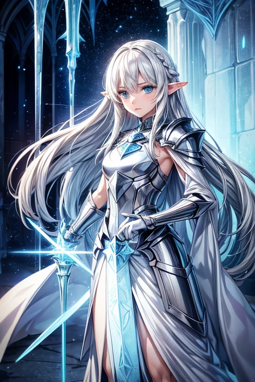 a semi-elf male paladin, long white hair, feminine facial features, celestial blue eyes, short stature, silver armor, wields a long ice sword, interior of an ice castle