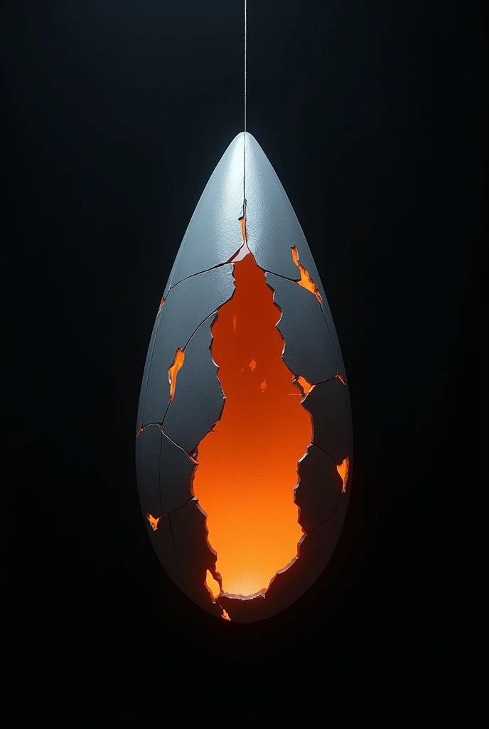 Image of a non-organic cocoon made of high-tech metallic silk similar to color #2a2a2a. The cocoon is meant to hang on its own, with thin, sleek metallic fibers giving it a futuristic, technologically advanced look. The environment must be completely black, completely dark. The only source of light must be a vibrant glow in the color #f84700 coming from within the cocoon itself, subtly shining through small gaps in the metallic silk, creating a mysterious ambient atmosphere. This bright orange glow must be the only illumination in the scene, with the light radiating from within the cocoon, casting vibrant reflections on the metallic surface. The cocoon must have a completely technological and non-organic look, with simple lines and a modern, minimalist design. The focus must be entirely on this high-tech cocoon, without the presence of other elements. The overall mood should be minimalist, capturing the anticipation of something that is about to emerge. The cocoon is broken and a light source emerges from inside