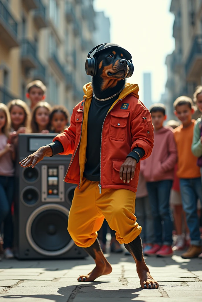 hyper-realistic photo of a Rottweiler wearing Life Djs clothing and a bucket hat breakdancing in front of a crowd of kids in a circle with a stereo in the corner