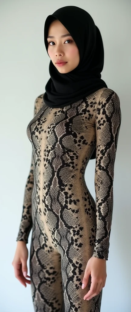 The most beautiful,thin,most pretty and clever Asian Chinese adult girl wears snake lycra turtleneck unitard catsuit .She always wear snake print lycra dancewear hijab-like hood.